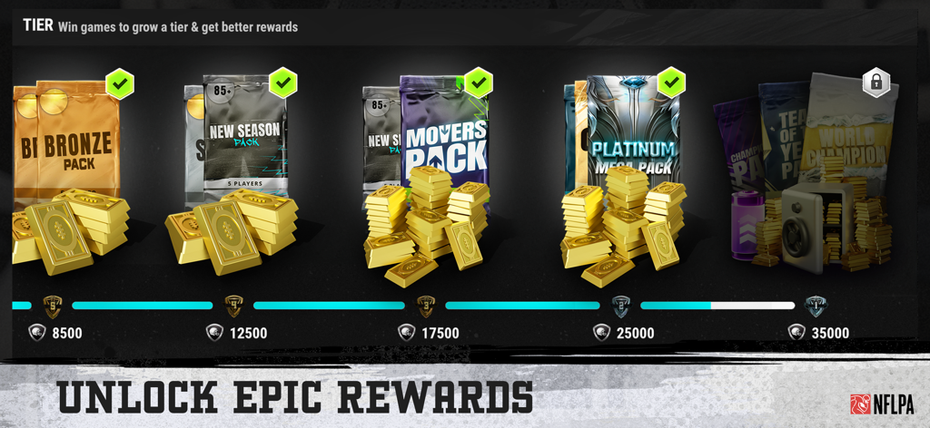 Football Head Coach 26 - FHC - Pantalla de recompensas de Football Head Coach 26 que muestra la progresión de niveles y varios paquetes de jugadores con barras de oro.