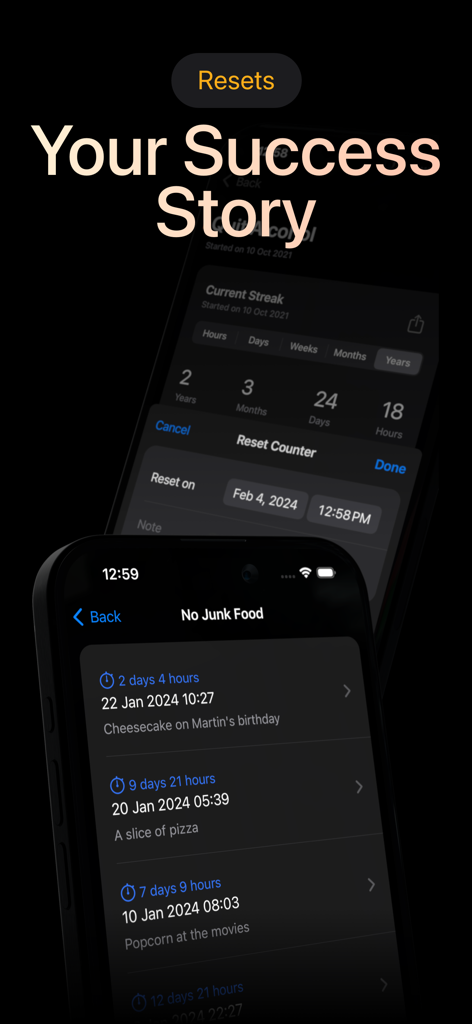 Days Since: Quit Habit Tracker - Interfaz de la aplicación Days Since que muestra el historial de reinicio de hábitos y el seguimiento del éxito.