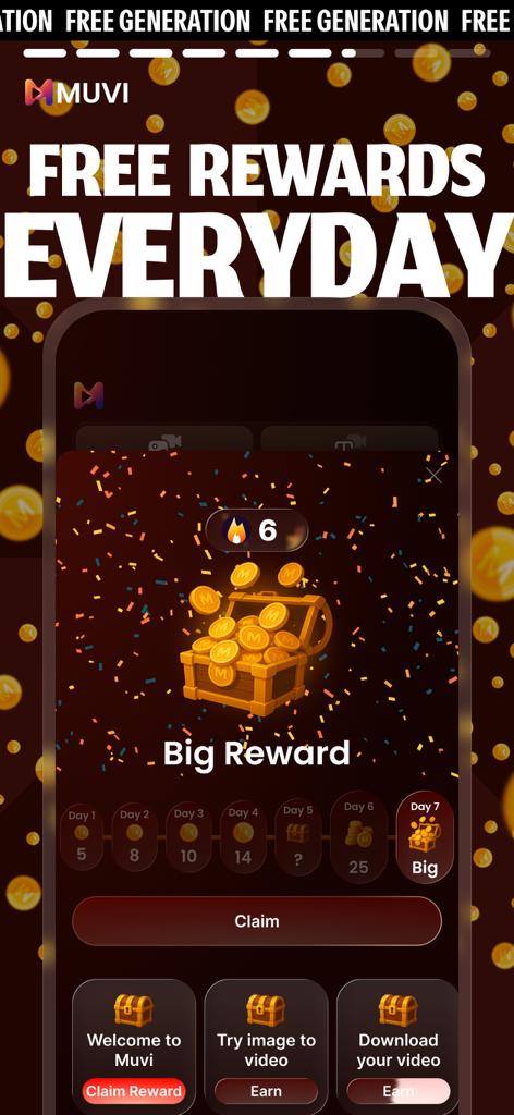 AI Video Maker & Editor - Muwi - Muwi app screen showing daily free rewards and a seven day login streak for AI video generation