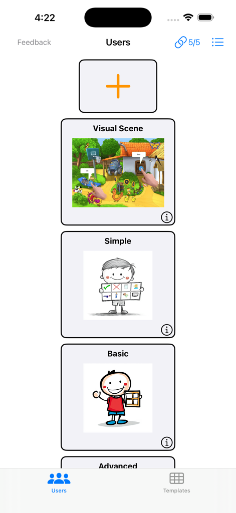 Benutzeroberfläche, die verschiedene Ebenen von Kommunikationsboards zeigt, einschließlich visueller Szenen, einfach und grundlegend innerhalb der iMyVoice-App