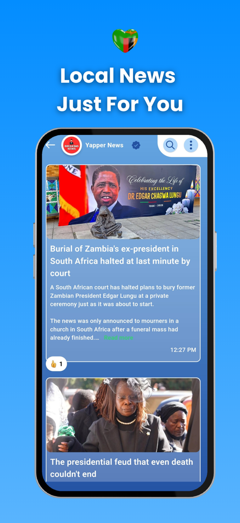 Yapper - Chat Nearby Zambia - The Yapper app interface showing a curated local news feed for the Zambian community.