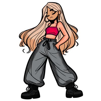 girl in baggy pants crop top and long hair