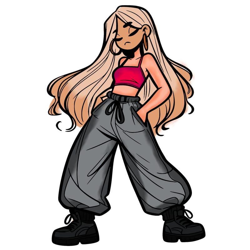 girl in baggy pants crop top and long hair