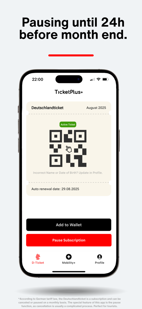 iPhone screen showing the Deutschlandticket TicketPlus app interface with a digital QR code ticket and options to add to Apple Wallet or pause the subscription.