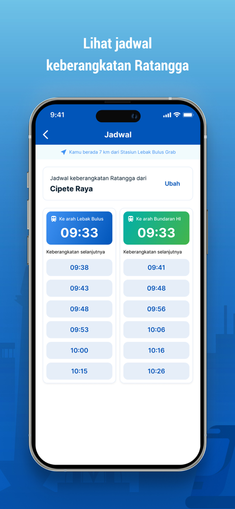 Smartphone screenshot of the MyMRTJ app showing real-time train departure schedules for Jakarta MRT