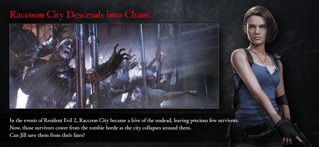 Jill Valentine standing next to an image of zombies behind a fence in Raccoon City.