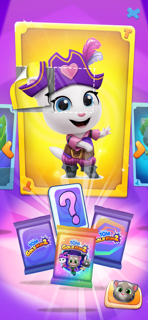 Talking Tom Time Rush - Talking Angela wearing a pirate outfit on a character card above collectible card packs.