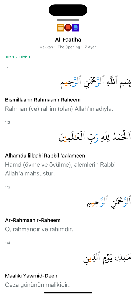 Sajda: Prayer times, Quran - A clean view of the Quran reading interface in the Sajda app showing Surah Al-Faatiha with Arabic text, transliteration, and translation.