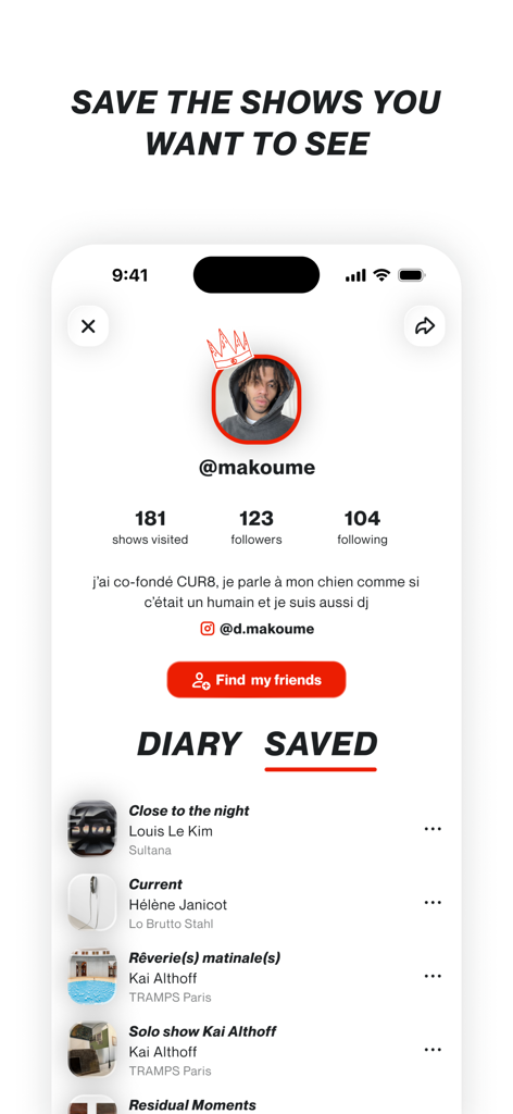 CUR8 — Art shows around you - User profile page in the CUR8 app showing a list of saved art shows and personal statistics.