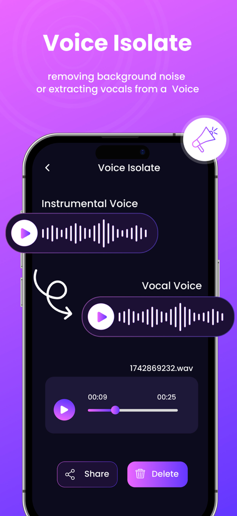 AI Dubbing : Voice Changer - AIダビングアプリの画面には、ボイスアイソレーションおよびボーカル抽出ツールが表示されています。