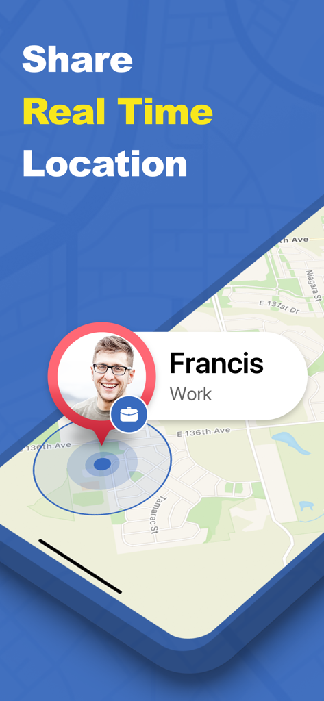 Écran de l'application Localiser mon téléphone affichant le suivi de localisation en temps réel d'un contact nommé Francis sur une carte