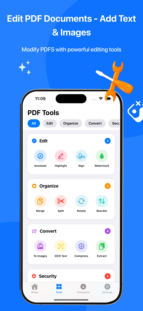 Ein iPhone, das das Werkzeugmenü von PDF Reader Pro mit Optionen zur Bearbeitung, Organisation und Konvertierung anzeigt.