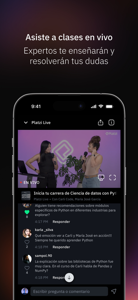 Interface of the Platzi app showing a live data science class with two instructors and a real-time student chat