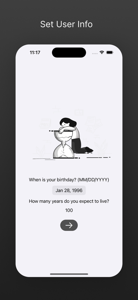 Setup screen for the Life Progress Bar app with birthday and life expectancy fields