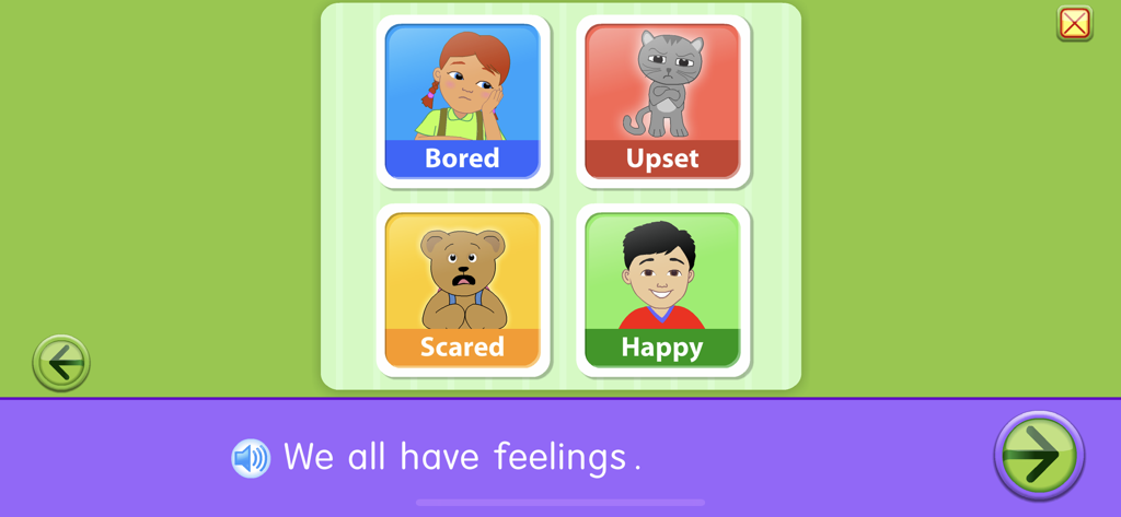 Starfall All About Me app screen showing four characters illustrating the feelings bored, upset, scared, and happy with the text We all have feelings