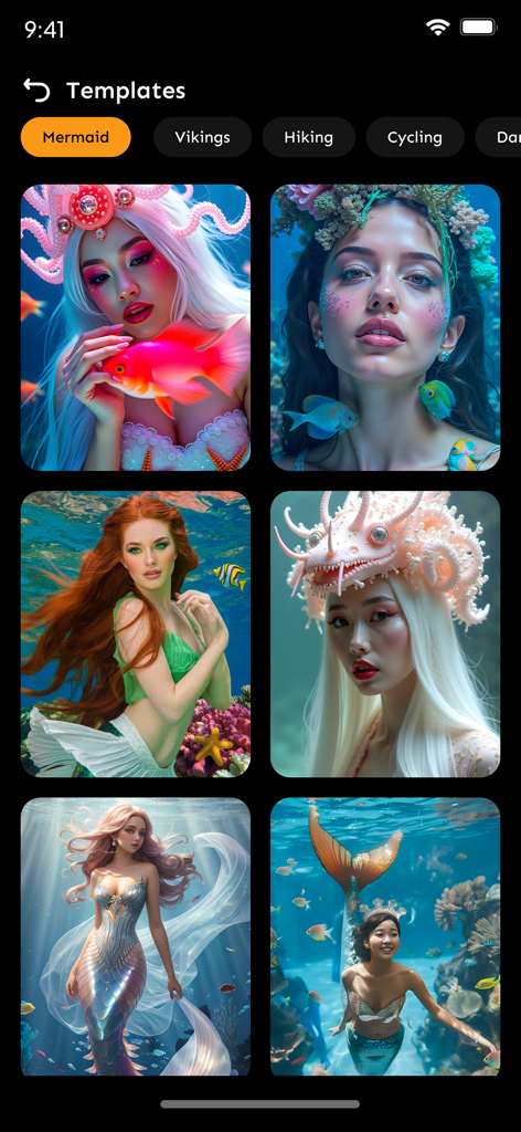 AI Face Swap - New Look - A screen displaying various mermaid-themed AI face swap templates for photo creation.