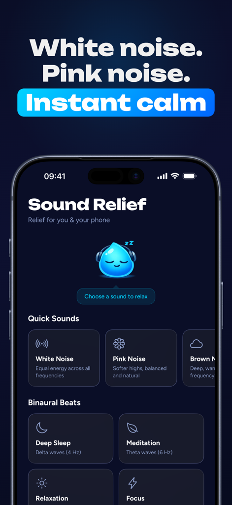 Drip Speaker Cleaner Water Fix - App screen showing sound relief features including white noise pink noise and binaural beats