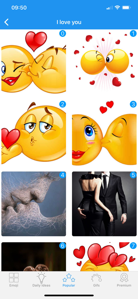 Emoji Elite + GIFs - Una selección de emojis gigantes populares temáticos de amor e imágenes románticas dentro de la aplicación Emoji Elite.
