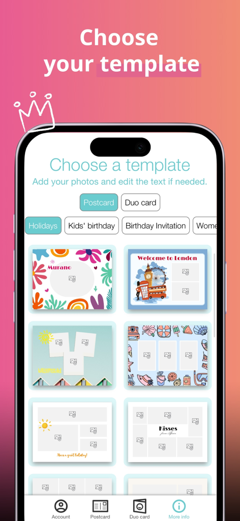 SimplyCards - custom postcard - SimplyCards app interface showing various customizable postcard and duo card design templates for different occasions.