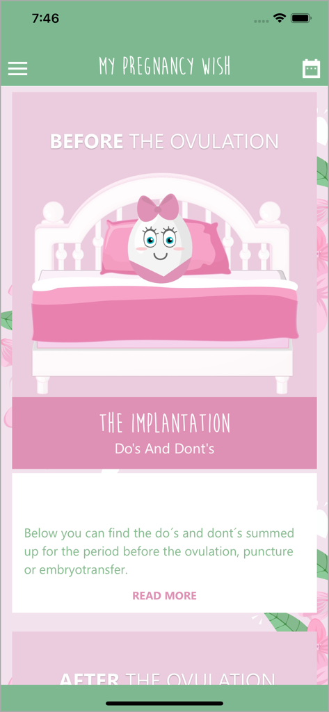 My Pregnancy Wish - My Pregnancy Wish app interface showing advice for implantation and the period before ovulation
