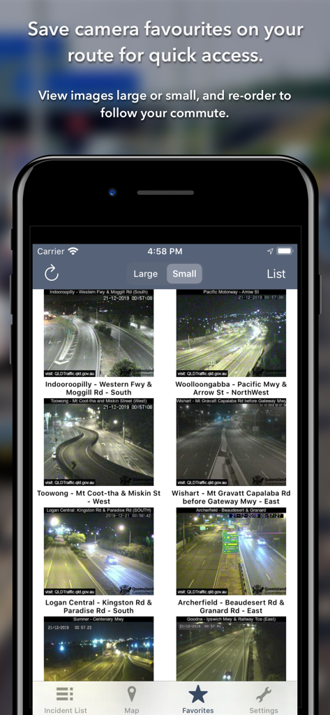 iPhone display showing a grid of live traffic camera feeds on the Queensland Roads app favorites screen.