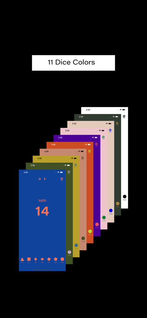 Showcase of 11 vibrant color themes for the D20 Dice Simulator app.
