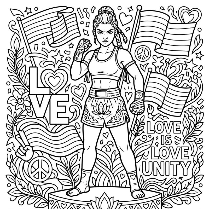 Unleash your creativity with this empowering coloring page featuring a Muay Thai fighter celebrating Pride Month. This design champions strength, diversity, and the powerful message of love and unity.