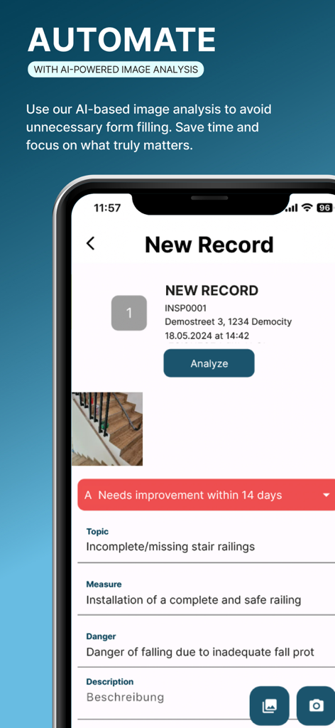 reportly - Interfaz móvil de la aplicación reportly con análisis de imágenes impulsado por IA para informes de inspección automatizados