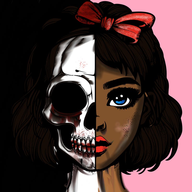 realistic girl with half skull mask