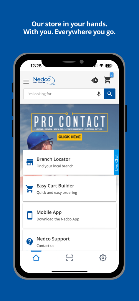 Nedco - Nedco mobile app home screen featuring branch locator and easy cart builder for electrical contractors.