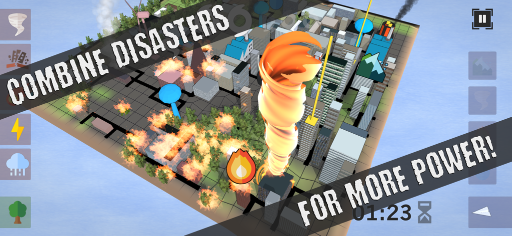Unnatural Disaster - A fire tornado destroying a city in the reverse city builder mobile game Unnatural Disaster