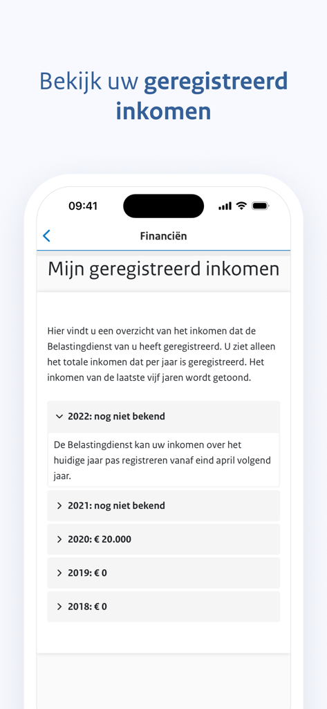 MijnGegevens - Pantalla de la aplicación MijnGegevens mostrando un resumen de cinco años de ingresos registrados del gobierno holandés.