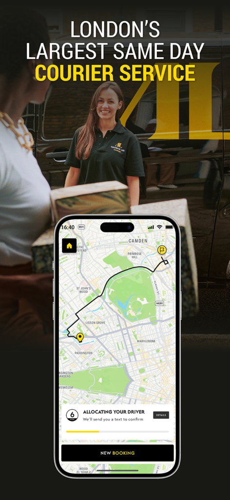 Addison Lee app interface showing same day courier tracking on a map of London