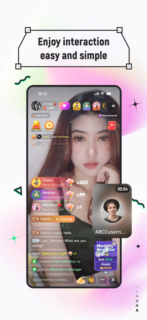 DreamLike-Video-Chat - A live broadcast screen on the DreamLike app featuring a female host with real time gifting and chat interactions.
