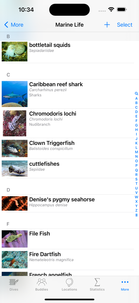 Dive Log - Alphabetical list of marine life sightings with photos and scientific names in the Dive Log app