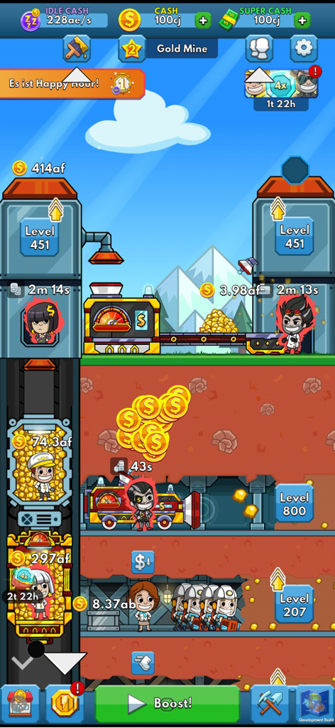 A gameplay screenshot of Idle Miner Tycoon showing a multi-level gold mine with workers and managers automating the workflow.