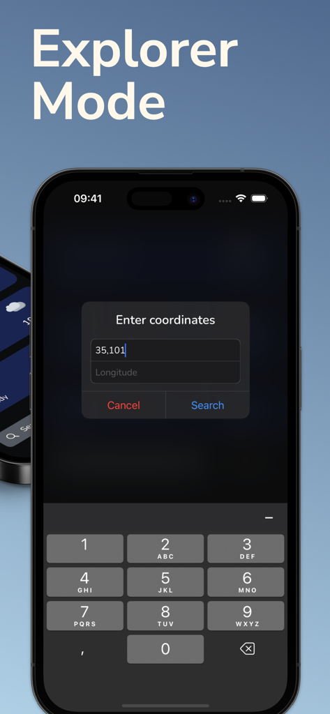 Sunny: Weather Forecast - Sunny weather app Explorer Mode showing coordinate search interface