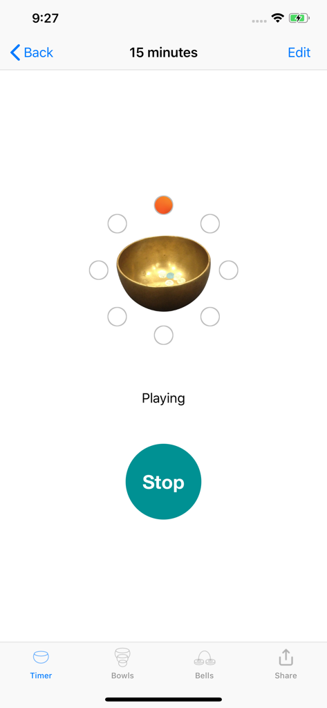 Meditation Timer Plus app interface showing a 15 minute timer with a Tibetan singing bowl and sectional progress indicator