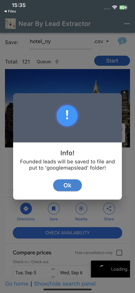 A notification in the Near By Lead Extractor app informing the user that extracted leads will be saved to a folder.