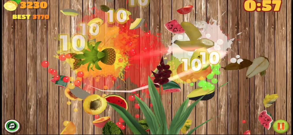 Pantalla de juego de Easy Slice mostrando frutas siendo cortadas con salpicaduras de jugo de colores sobre un fondo de madera