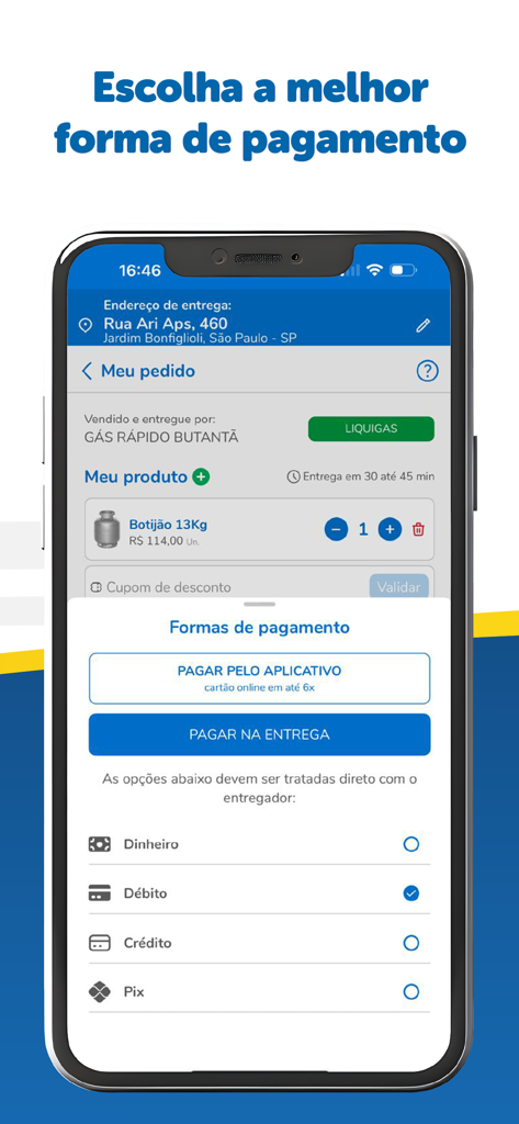 Payment selection screen in the Upgas app showing various online and on-delivery options.