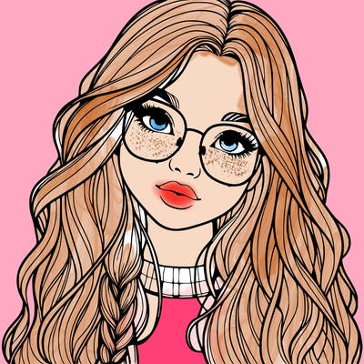 girl with long hair and freckles and glasses realistic