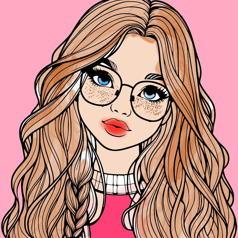 girl with long hair and freckles and glasses realistic