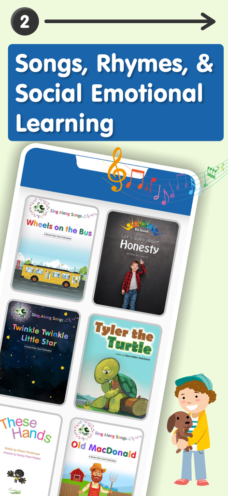 Interface of the Early Learning Library app showcasing songs, rhymes, and social emotional learning books for children