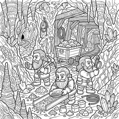 Embark on an epic underground adventure with this detailed coloring page featuring three diligent dwarf prospectors. Perfect for adults seeking an intricate and engaging artistic escape.