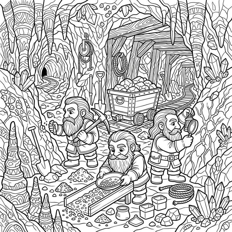 Embark on an epic underground adventure with this detailed coloring page featuring three diligent dwarf prospectors. Perfect for adults seeking an intricate and engaging artistic escape.