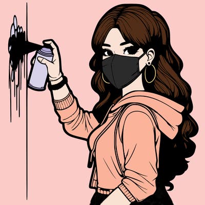realistic girl with mask spray painting a wall