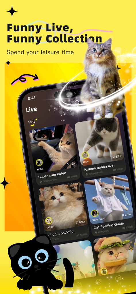 花猫Meow - 花猫Meowモバイルアプリのインターフェイス。かわいい猫や子猫のサムネイルが表示されたライブストリーミングセクションを示しています。