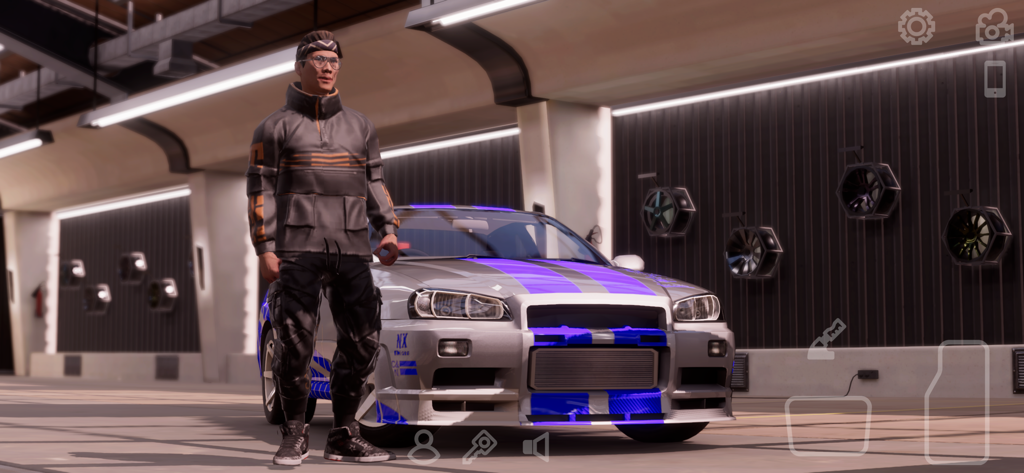 A customized character standing next to a silver sports car with blue stripes in a garage