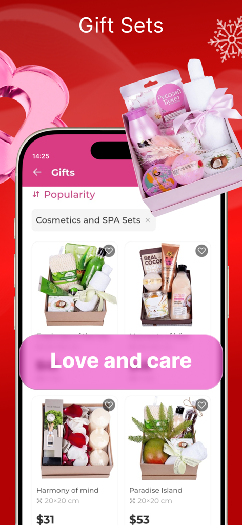 Worldwide Flowers: Flower Shop - Mobile app interface for Worldwide Flowers showing various spa and cosmetic gift baskets for international delivery.
